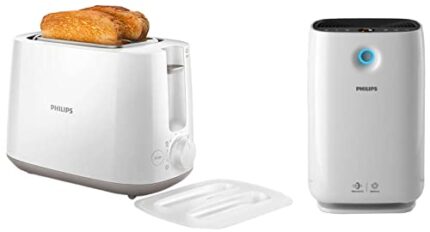 Philips AC2887/20 High Efficiency Air Purifier, removes 99.97% Airborne pollutants with Numerical PM & Daily Collection HD2582/00 830-Watt 2-Slice Pop-up Toaster (White) Combo